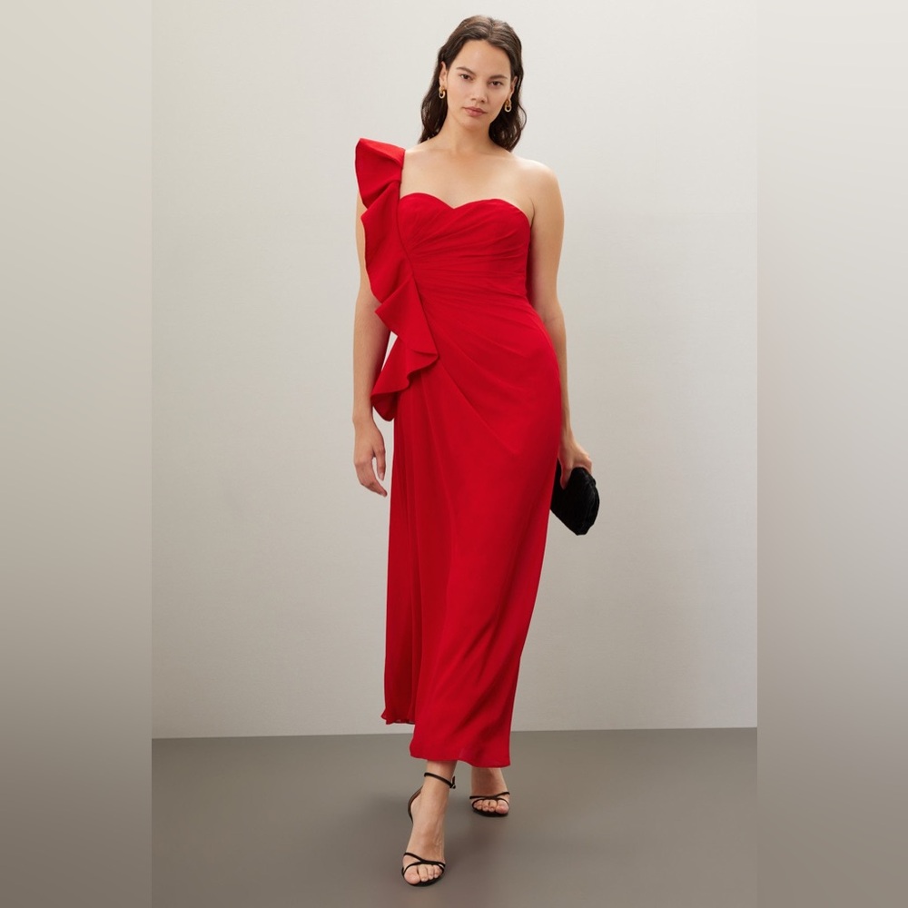 Badgley Mischka Botanical Leaf One-Shoulder Poppy Red Georgette Gown
